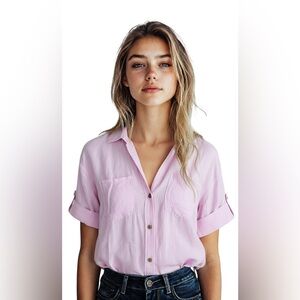 Zara Linen Blend Button Down Cropped Pink Shirt size XS